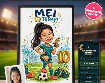 Custom Caricature Portrait From Photo, Football Birthday Invitation & Print, Girl or Boy Soccer Party, 7th 8th 9th 10th 11th Birthday, RSVP