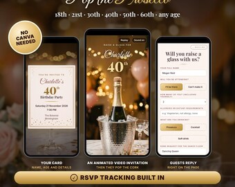 Puede incluir: Un conjunto de invitaciones digitales de cumpleaños con tres pantallas de smartphone que muestran una invitación, un video animado con una botella de champán en una cubitera y un formulario de respuesta con campos de datos.