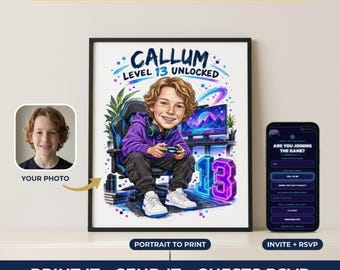 Custom Caricature Portrait From Photo, Gaming Birthday Invitation & Print, Gamer Party, 10th 11th 12th 13th 14th 15th Birthday, RSVP