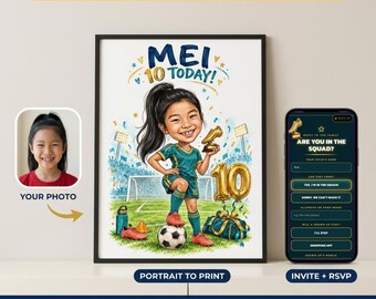 Custom Caricature Portrait From Photo, Football Birthday Invitation & Print, Girl or Boy Soccer Party, 7th 8th 9th 10th 11th Birthday, RSVP