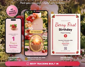 Puede incluir: Un conjunto de invitaciones de cumpleaños digitales con una tarjeta imprimible y una invitación en video con temática de fresas. El texto dice Berry First Birthday, Freya is turning 1, Saturday 14 November 2026, 2:00-4:00 PM, Heaton Park, Manchester.