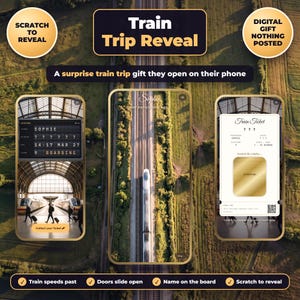 Op de afbeelding: Een digitaal treinreis-cadeau met drie smartphoneschermen die een vertrekbord, een luchtfoto van een trein op rails en een kraslot tonen met de tekst Train Trip Reveal en Scratch to Reveal.
