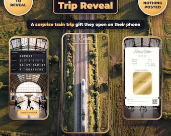Puede incluir: Un regalo digital de revelación de viaje en tren con tres pantallas de smartphone que muestran un tablero de salidas, una vista aérea de un tren en vías y un boleto para raspar con el texto Train Trip Reveal y Scratch to Reveal.