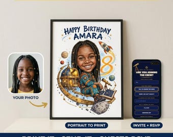 Custom Caricature Portrait From Photo, Space Birthday Invitation & Print, Astronaut Party, 5th 6th 7th 8th 9th 10th Birthday, RSVP