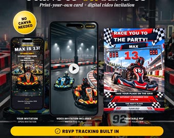 Go Kart Birthday Invitation, Karting Race Video Invite, Boys 10th 11th 12th 13th 14th Birthday, Animated Digital Invite, RSVP, Printable