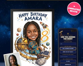 Custom Caricature Portrait From Photo, Space Birthday Invitation & Print, Astronaut Party, 5th 6th 7th 8th 9th 10th Birthday, RSVP