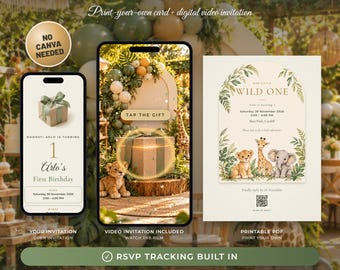 Puede incluir: Un conjunto de invitaciones de cumpleaños digitales con temática de selva, león, jirafa y elefante. Incluye una interfaz móvil con animación de regalo, una tarjeta imprimible con el texto "Our Little Wild One" y seguimiento de RSVP.