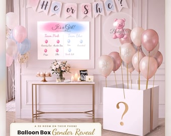 Puede incluir: Un set de revelación de género con una caja blanca con un signo de interrogación dorado, llena de globos rosas y blancos. Un cartel dice He or She? y otro It's a Girl! con columnas para Team Pink y Team Blue. Una mesa con flores y velas.