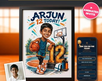 Custom Caricature Portrait From Photo, Basketball Birthday Invitation & Print, Sports Party, 9th 10th 11th 12th 13th 14th Birthday, RSVP