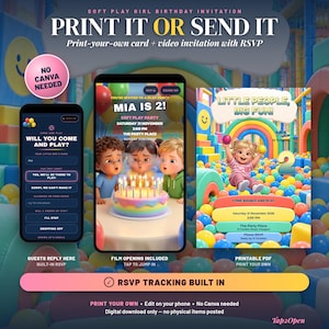 Op de afbeelding: Een digitale verjaardagsuitnodigingsset voor een softplay-feestje met een printbare kaart en video-uitnodiging. Het ontwerp bevat tekst zoals Mia is 2, Little People Big Fun en RSVP tracking. De afbeeldingen tonen kinderen met een taart.