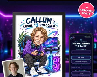 Custom Caricature Portrait From Photo, Gaming Birthday Invitation & Print, Gamer Party, 10th 11th 12th 13th 14th 15th Birthday, RSVP