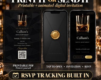 Invitación de cumpleaños con temática de whisky, invitación negra y dorada para cumpleaños de 40, 50 y 60 años, invitación digital animada, seguimiento de confirmación de asistencia, imprimible, descargable.