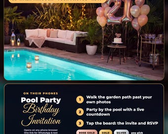 Invitación de cumpleaños con temática de fiesta en la piscina en 3D, para edades de 18, 21, 30, 40, 50 y 60 años, globos en oro rosa, oro o plata, fotos, video y confirmación de asistencia.