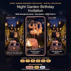 3D Night Garden verjaardagskaart, leeftijden 18e, 21e, 30e, 40e, 50e, 60e, roségouden, gouden of zilveren ballonnen, foto's & RSVP