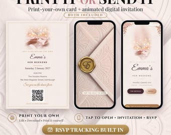 Puede incluir: Un conjunto de invitación para despedida de soltera que incluye una tarjeta imprimible con código QR y dos pantallas de teléfono móvil mostrando una invitación digital animada con sello de cera dorado y detalles de texto.