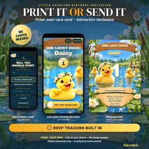 Op de afbeelding: Een digitale verjaardagsuitnodigingsset met een geel eendje met een madeliefjeskrans. Bevat een printbaar kaartontwerp en een interactieve mobiele uitnodiging met RSVP-tracking, met tekst zoals One Lucky Duck en Daisy is Turning 1.