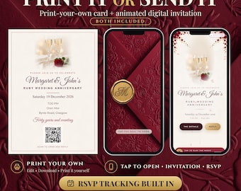 Puede incluir: Un conjunto de invitación para aniversario de bodas de rubí que incluye una tarjeta imprimible y una invitación digital animada. El diseño presenta una tarjeta color crema con copas de champán, una rosa roja y un código QR, junto a dos teléfonos.