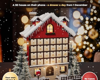 Puede incluir: Un calendario de Adviento digital con una casa en 3D de fachada roja, base de piedra y techo nevado. La casa tiene 24 cajones numerados, un buzón y dos pinos. El texto dice: Digital Advent Calendar, A 3D house on their phone.