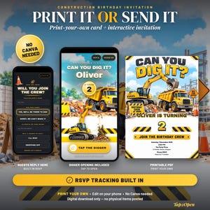 Construction Birthday Invitation, Digger Party Invite, Boys 2nd 3rd 4th 5th Birthday, Animated Digital Invite with Sound, RSVP Built In