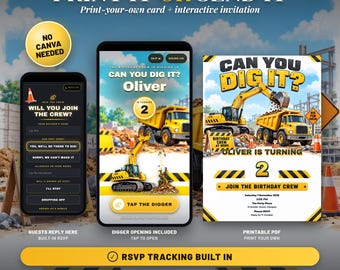Construction Birthday Invitation, Digger Party Invite, Boys 2nd 3rd 4th 5th Birthday, Animated Digital Invite with Sound, RSVP Built In