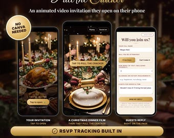 Puede incluir: Una invitación animada para una fiesta de Navidad en tres teléfonos inteligentes. Las pantallas muestran una cena festiva, una interacción para tirar de un cracker y un formulario de confirmación. El texto incluye "Pull the Cracker" y "RSVP TRACKING BUILT IN."
