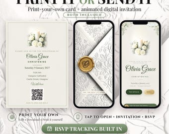Puede incluir: Un conjunto de invitación de bautizo que incluye una tarjeta imprimible con código QR y dos pantallas de smartphone que muestran una invitación digital animada con diseño floral, sello de cera dorado y el texto Olivia Grace Christening.