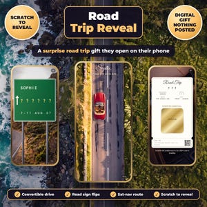 Op de afbeelding: Een digitaal roadtrip-cadeau met drie smartphoneschermen die een groen verkeersbord met de naam Sophie, een rode cabriolet op een weg en een kraslot met een gouden vierkant en een QR-code tonen.
