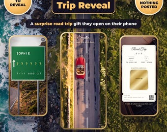 May include: A digital road trip reveal gift featuring three smartphone screens showing a green road sign with the name Sophie, a red convertible car on a road, and a scratch-to-reveal card with a gold square and a QR code.