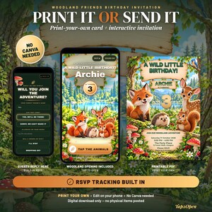 Op de afbeelding: Een digitale verjaardagsuitnodigingsset met bosthema, inclusief een printbare kaart en een interactieve mobiele RSVP-interface. Het ontwerp toont een vos, hert, egel en eekhoorn met de tekst A WILD LITTLE BIRTHDAY en ARCHIE IS TURNING 3.
