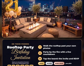 Invitación de cumpleaños en 3D con temática de azotea, para edades de 18, 21, 30, 40, 50 y 60 años, globos en oro rosa, oro o plata, fotos, video y confirmación de asistencia.