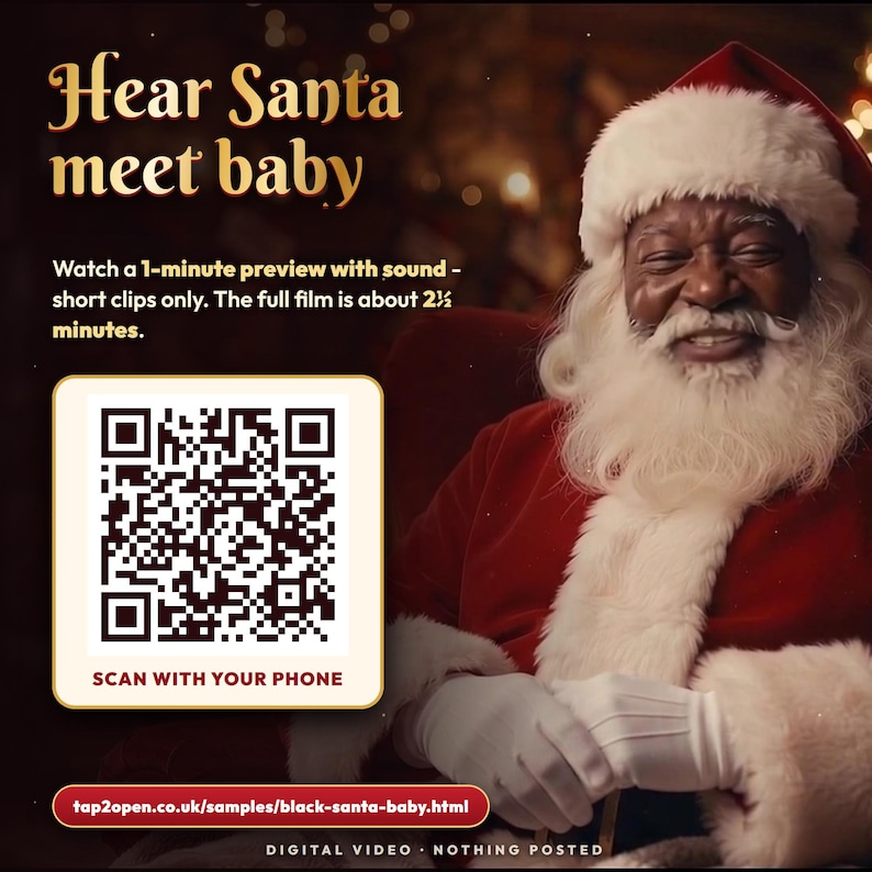 Gepersonaliseerde video van de eerste kerst van een baby met een zwarte kerstman, de kerstman zegt de naam van de baby, lijst met brave kinderen, aandenken, digitale mp4 afbeelding 3