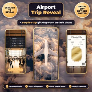 Peut inclure: Un cadeau numérique de révélation de voyage aéroportuaire avec trois écrans de smartphone. Les écrans affichent un tableau de départ avec le nom Sophie, un avion au-dessus des nuages et une carte d'embarquement avec un panneau à gratter doré.