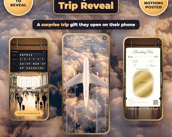 Puede incluir: Un regalo digital de revelación de viaje al aeropuerto con tres pantallas de teléfono. Las pantallas muestran un panel de salidas con el nombre Sophie, un avión sobre las nubes y una tarjeta de embarque con un panel dorado para rascar.