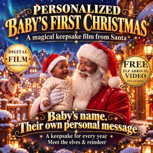 Personalized Baby's First Christmas Santa film. Baby's name and their own personal message. Free Elf arrival video included. Digital films only.