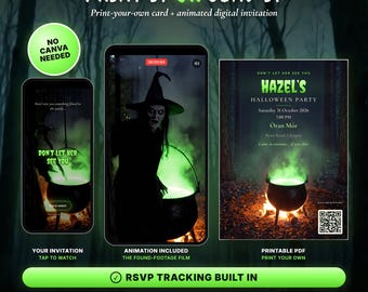 Puede incluir: Un conjunto de invitación para fiesta de Halloween con PDF imprimible e invitación digital animada. El diseño incluye una bruja, un caldero brillante y el texto Hazel's Halloween Party, 31 de octubre de 2026, 19:00, Oran Mor, Glasgow. Incluye seguimiento de RSVP.