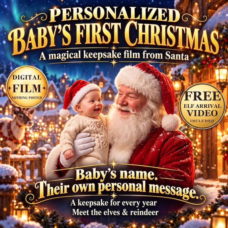 Personalized Baby's First Christmas Santa film. Baby's name and their own personal message. Free Elf arrival video included. Digital films only.