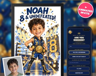 Custom Caricature Portrait From Photo, Wrestling Birthday Invitation & Print, Your Child as Champion, 6th 7th 8th 9th 10th Birthday, RSVP