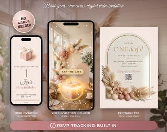 Puede incluir: Un conjunto de invitación digital para primer cumpleaños con un teléfono que muestra un video con un regalo brillante, una tarjeta estática con marco arqueado y flores, y el texto Isn't She Onederful.