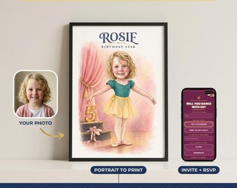 Custom Caricature Portrait From Photo, Ballet Birthday Invitation & Print, Ballerina Party, 3rd 4th 5th 6th 7th 8th Birthday, RSVP