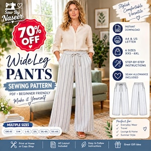 May include: A digital sewing pattern for wide-leg pants featuring a drawstring waist and vertical blue and white stripes. The document includes PDF download options, A4 and US Letter formats, six sizes from XXS to 6XL, and step-by-step instructions.