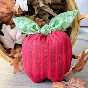 Op de afbeelding: Een handgemaakte rode stoffen appel met groene stoffen bladeren, tegen een achtergrond van herfstbladeren en een rieten mand. De appel heeft verticale strepen en een geknoopt bladerontwerp.