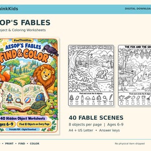 May include: A digital download set of Aesop's Fables hidden object and coloring worksheets for children. The set includes 40 pages featuring scenes like The Tortoise and the Hare and The Fox and the Grapes, with 8 objects to find per page.