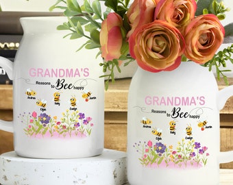 Personalized Grandmas Reasons To Bee Happy Vase, Custom Bee Family Flower Vase, Mother's Day Gifts, Nana's Garden, Nana Gifts