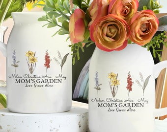 Custom Kids Name Flower Mom's Garden Vase, Personalized Birth Month Flowers Flower Vase, Mother's Day Gifts, Flower Pot For Mum, Nana Gifts