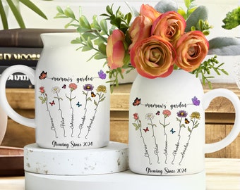 Personalized Mamaws Garden Flower Vase, Custom Birth Month Flowers Flower Vase, Mother's Day Gifts, Mom's Garden, Nana Gifts
