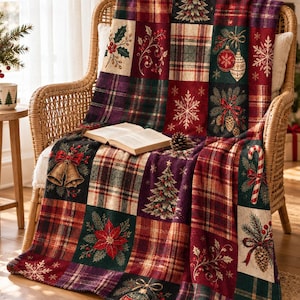 Vintage Patchwork Christmas Throw Blanket, Plaid Tartan Xmas Flannel Blanket,Retro Holiday Sofa Throw, Christmas Home Decor, Gift for Family