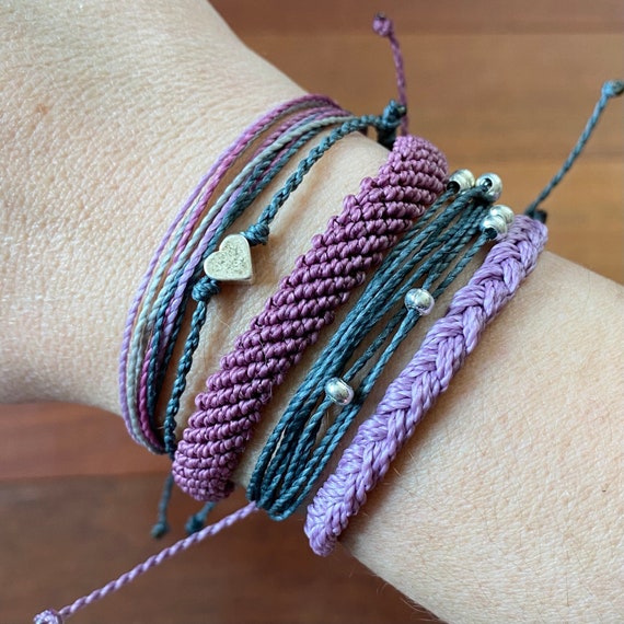 Mauve and Gray Tones Bracelet Pack; Five Coordinating Stackable Waterproof Surfer Style. Friendship Pack