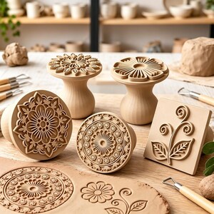 May include: A collection of light-colored wooden pottery stamps featuring intricate floral and geometric relief patterns. The set includes circular and square stamps with carved designs, alongside a flat piece of clay showing stamped impressions.
