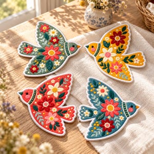 May include: Four bird-shaped felt coasters featuring intricate floral embroidery. The set includes one green, one yellow, one red, and one blue bird, each decorated with colorful blossoms, leaves, and small white flowers in a symmetrical pattern.