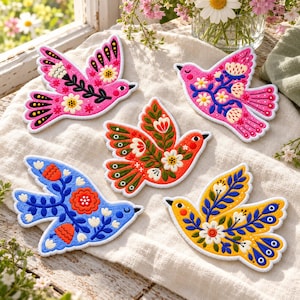 Floral Bird Embroidered Patches, Colorful Bird Iron On Patch, Folk Art Dove Patch, Cottagecore Nature Backpack Jacket Decor